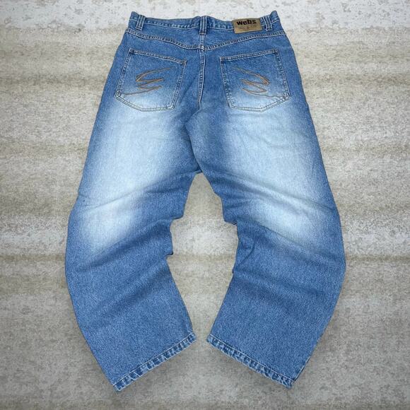 Vintage Skater Wide Leg Jeans Webs Light Wash Baggy Denim Rap Style Art Y2K